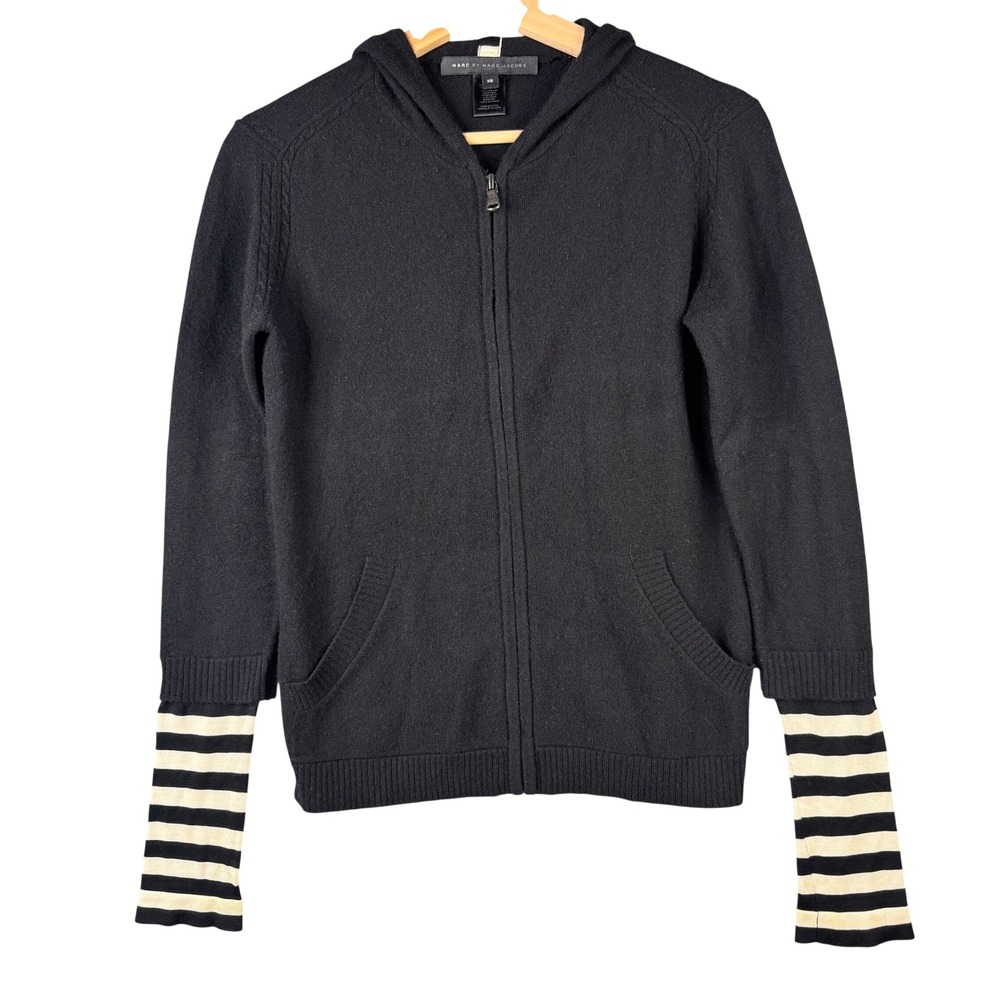Marc by Marc Jacobs Cashmere Silk Striped Sleeve Zip Hoodie Black XS